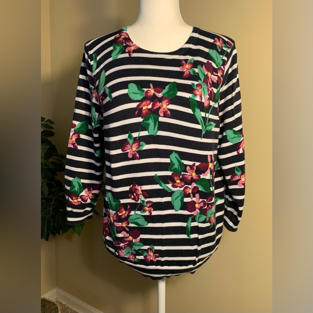 EUC Sweater: Stripes w/ Floral Pattern, Supima Cotton, Pullover, Crew Neck